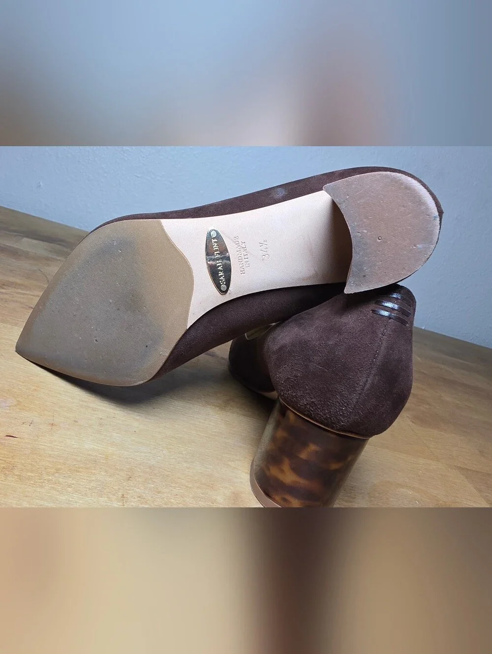 SARAH FLINT Chocolate Suede Perfect Emma Tortoise Block Heel Pump 34.5 4.5